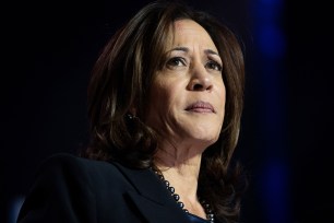 Vice President Kamala Harris speaking at a campaign rally.