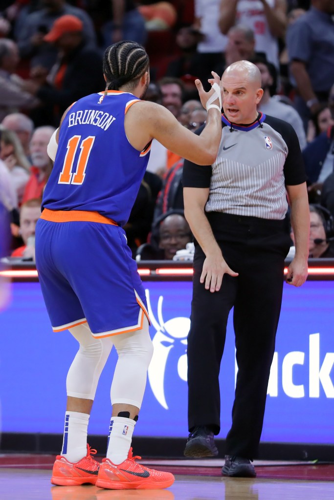 Knicks guard Jalen Brunson reacts as he is called for a foul, setting up winning free throws for Houston Rockets during an NBA game in Houston.