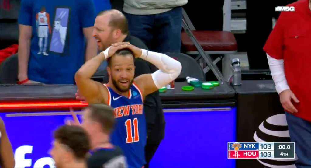 Jalen Brunson reacts after he was called for a foul in the final seconds of the Knicks' loss to the Rockets on Feb. 12, 2024.