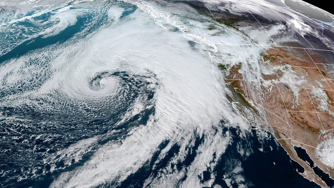 GOES-18 satellite image of the massive storm heading into the West Coast taken the afternoon of Jan. 30, 2024.