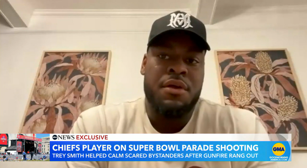 Trey Smith opens up about the Super Bowl parade shooting on Wednesday in Kansas City.