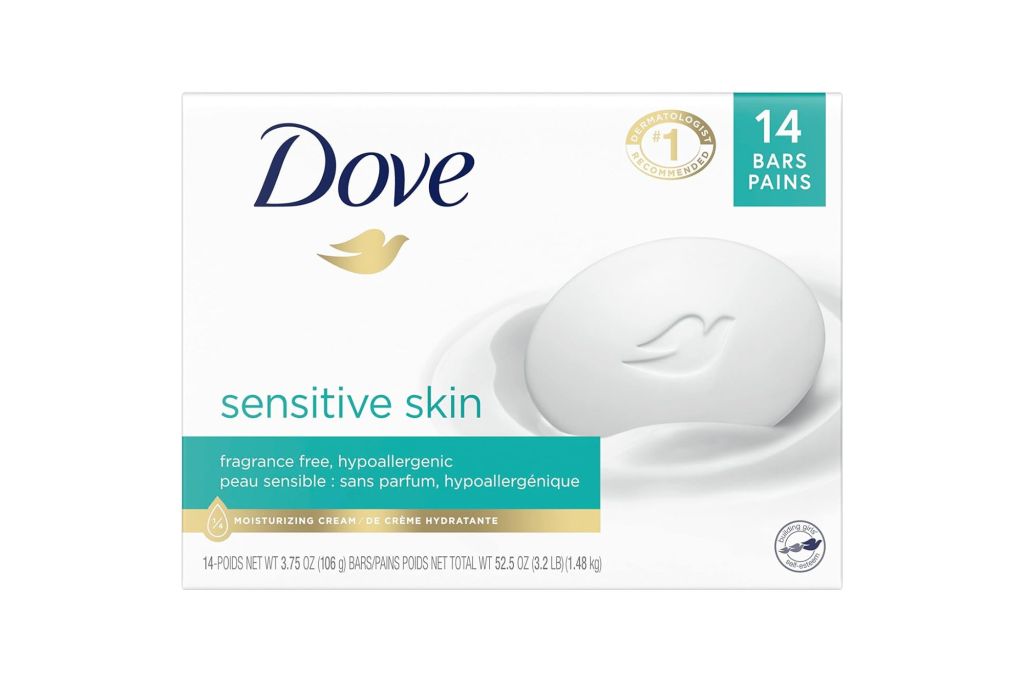 A pack of Dove soap for sensitive skin