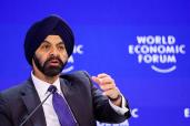 President Ajay Banga in a suit and turban at the 54th annual meeting of the World Economic Forum in Davos, Switzerland.