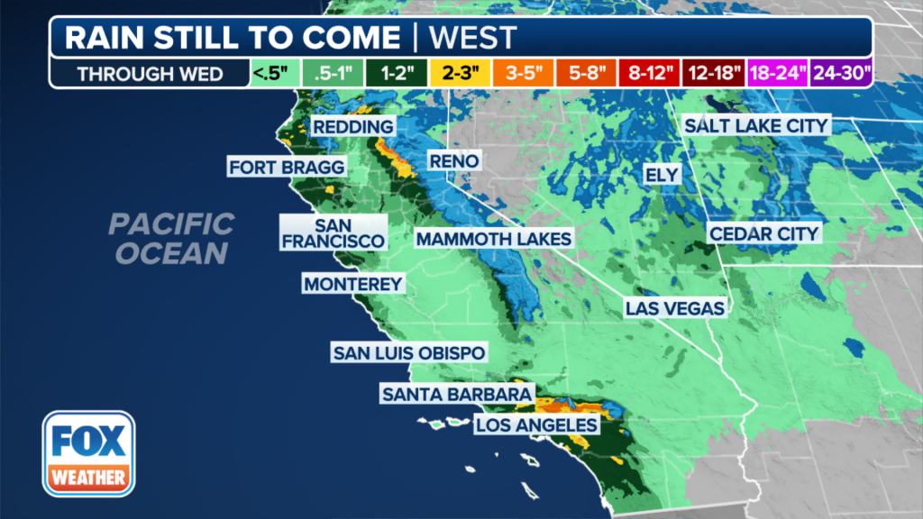 This graphic shows the forecast rain totals in California through Wednesday, Feb. 21, 2024.