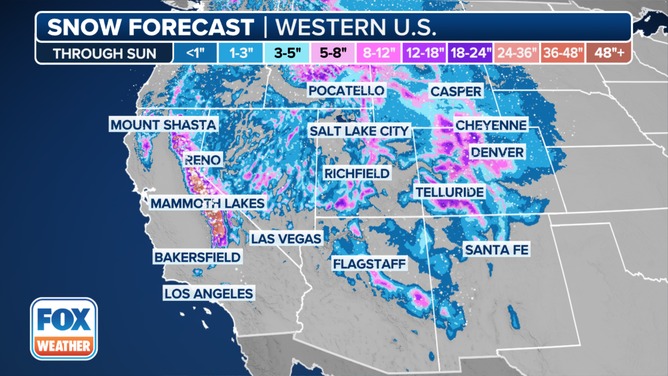 Forecast snow totals for the West through Sunday, Feb. 4, 2024.