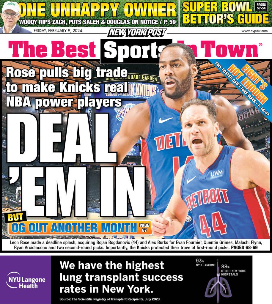 The back cover of the New York Post on Feb. 9, 2024