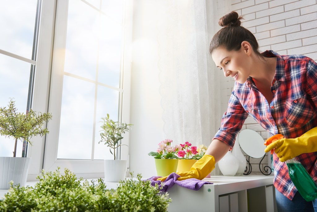 Woman cleaning table by rubbing dust on a beautiful young woman who compulsively cleans.