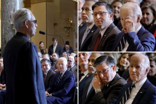 Collage featuring Joe Biden, Hakeem Jeffries, Bob Latta and Hirokazu Hamamura wearing suits.