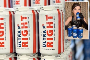 Cans of beer representing rival brands Bud Light and Conservative Dad's Ultra Right Beer, discussed in story of former US President’s defense of the Bud Light brand.