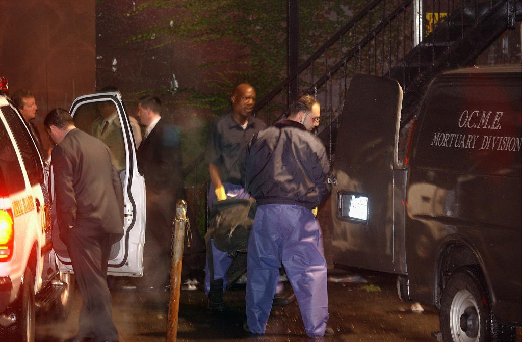 Jam Master Jay's body seen being removed from his recording studio on Oct. 30, 2002.