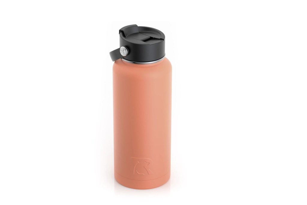 a pink water bottle with a black lid