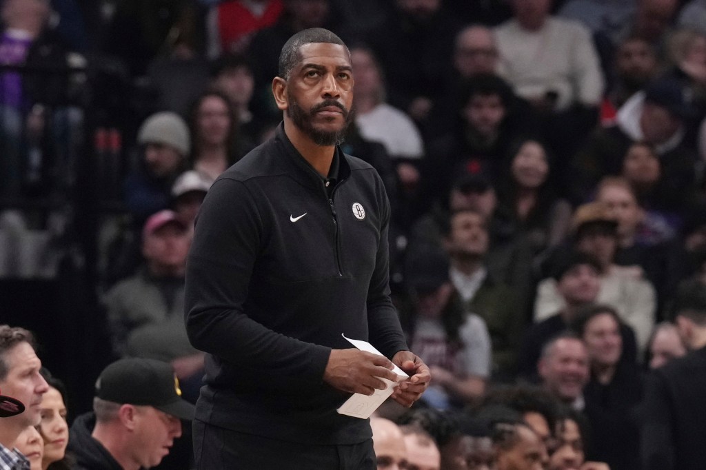 Kevin Ollie reacts during the Nets' loss to the Raptors on Feb. 22, 2024. 