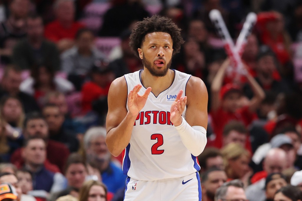 Cade Cunningham #2 of the Detroit Pistons reacts against the Chicago Bulls.