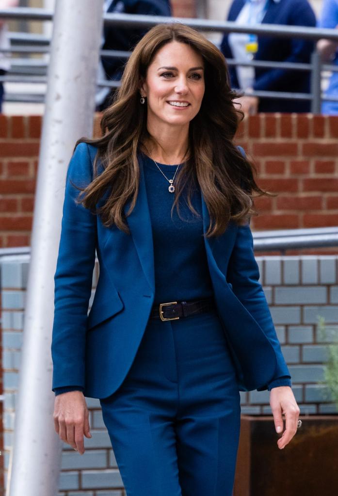 Catherine, Princess of Wales opening the children's day surgery unit at Evelina London in a blue suit.