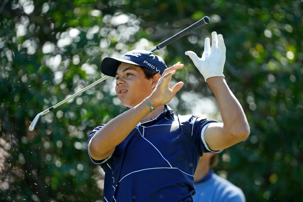 Charlie Woods reacts to a shot during pre-qualifying for The Cognizant Classic in The Palm Beaches at Lost Lake Golf Club on February 22, 2024 in Hobe Sound, Florida.