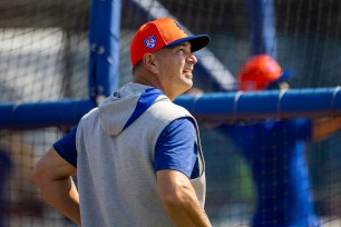 New York Mets hitting coach Eric Chavez looks on at Spring Training, Saturday, Feb. 17, 2024, in Port St. Lucie, FL.