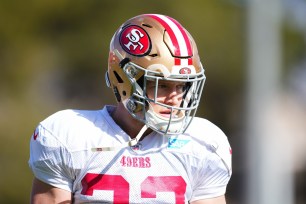 Christian McCaffrey #23 participates during San Francisco 49ers practice ahead of Super Bowl LVIII.