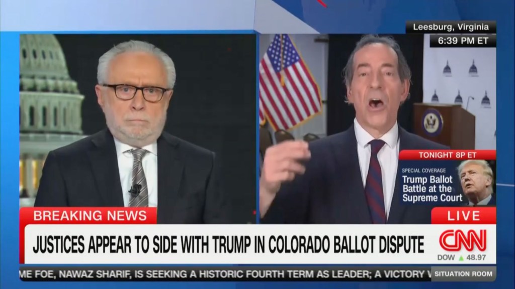 CNN's Wolf Blitzer looked like he was trying not to vomit during Thursday's episode of "The Situation Room," where he interviewed House Oversight Committee Ranking Member Jamie Raskin.