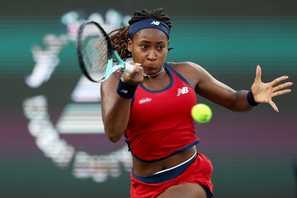 Coco Gauff of the United States plays a forehand against Karolina Pliskova of Czech Republic.