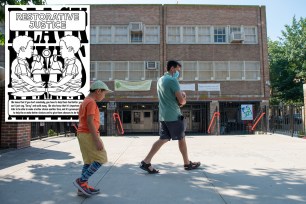 Exterior of PS321 with two people walking in front of the building. In the corner of the photo is a workbook page reading "Restorative Justice."