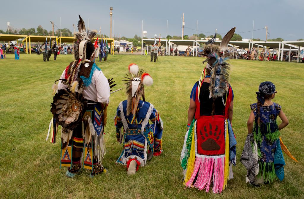 Dancers compete at an annual powwow to honor veterans from the Sioux Lakota tribe on June 8, 2018 on the Pine Ridge reservation in South Dakota.