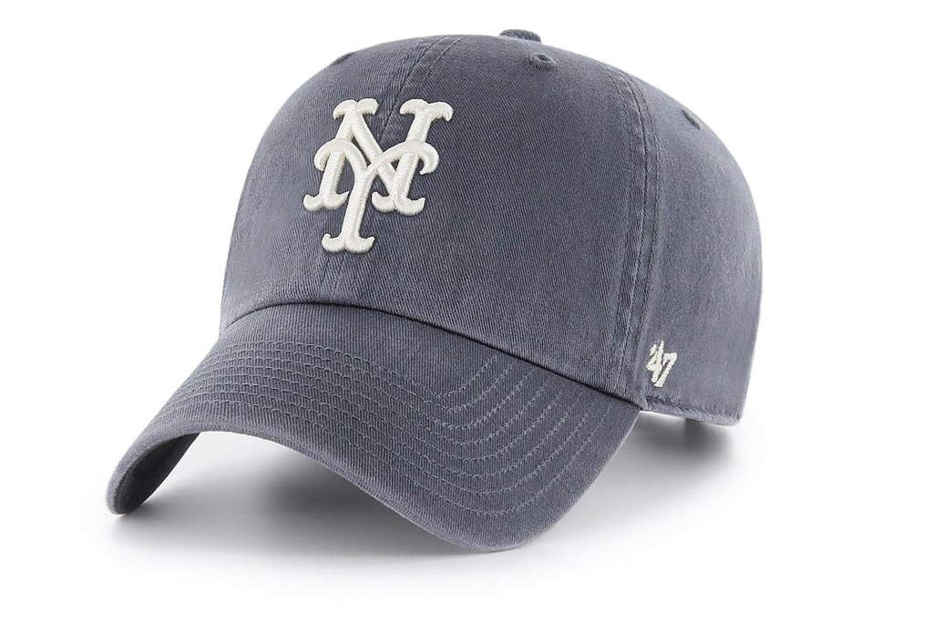 A grey baseball hat with a white logo on it.