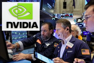 Traders on the New York Stock Exchange and Nvidia logo