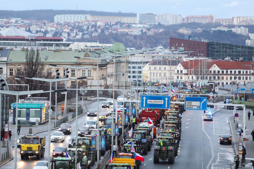 Tractors rolling through Prague to protest EU farming policies. 