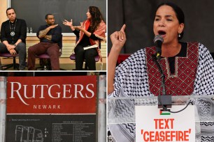 Noura Erakat (right), Marc Lamont Hill (middle), and Nick Estes (left) attend the Race, Liberation, and Palestine event at Rutgers University in New Brunswick, New Jersey on December 7, 2023, top left; rutgers niversity sign, bottom left; Erakat speaking at podium at right.