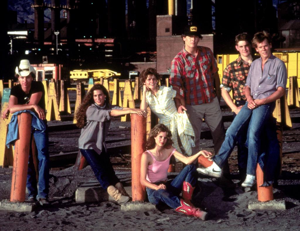 Jim Youngs, Sarah Jessica Parker, Elizabeth Gorcey, Lori Singer, John Laughlin, Christopher Penn, and Kevin Bacon in "Footloose." 