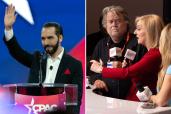 Former British Prime Minister Liz Truss giving a speech on a podcast hosted by Steve Bannon and Natalie Winters at the Conservative Political Action Conference (CPAC) in Washington DC, 2024.