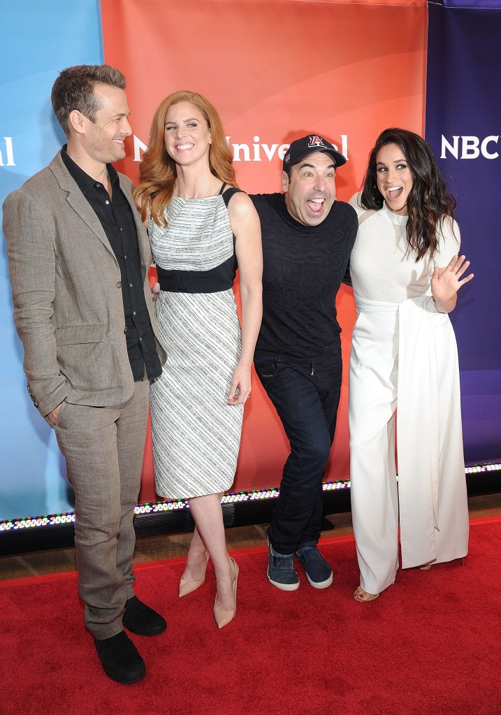 2015: "Suits" co-stars Gabriel Macht,Sarah Rafferty, Rick Hoffman and Meghan Markle an NBC press day for the series.