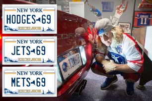 A composite shot of mock-up vanity plates rejected by the DMV and a photo of Giants superfan Joe Ruback and his Corvette tagged with a vanity plate.