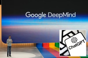 Google CEO Sundar Pichai and ChatGPT logo