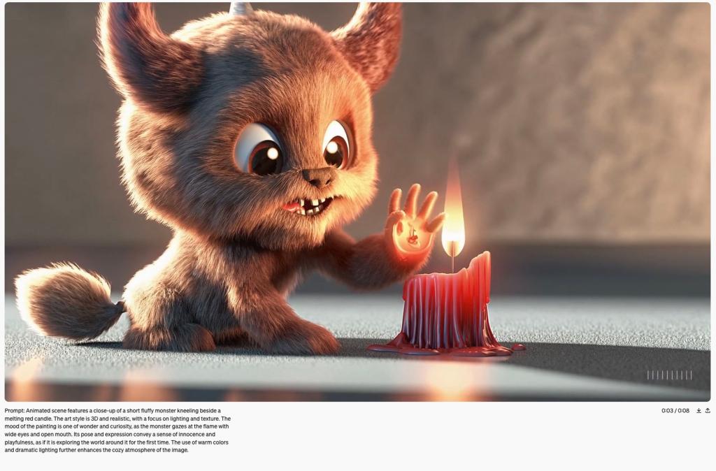This animated scene shows a "short fluffy monster kneeling beside a melting red candle," as the text prompt describes. Right now, this tech is available to red teamers, OpenAI said, who are monitoring it for misinformation, hateful content and bias.