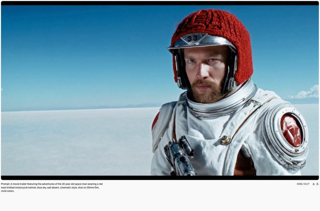 A sample of Sora on OpenAI's website shows that the tech turned a text prompt asking for "a movie trailer featuring the adventures of a 30-year-old space man wearing a red wool knitted motorcycle helmet" into a video showing just that.