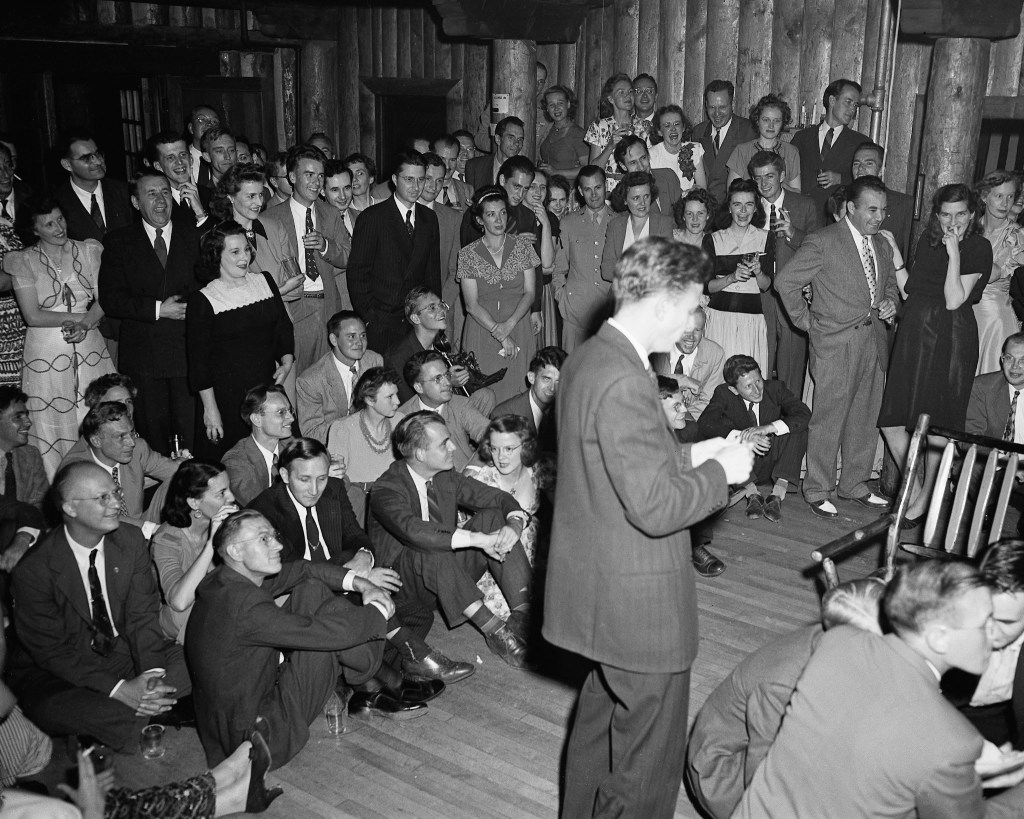 A group of attendees for the British Mission party gathered in Fuller Lodge.