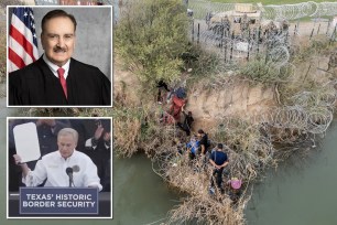 A Reagan-appointed federal judge (top left) has granted a preliminary injunction that will prevent Texas' new law granting police the power to arrest migrants from going into effect next week. Gov. Greg Abbott (bottom left), who signed the law, said Texas will "not back down"