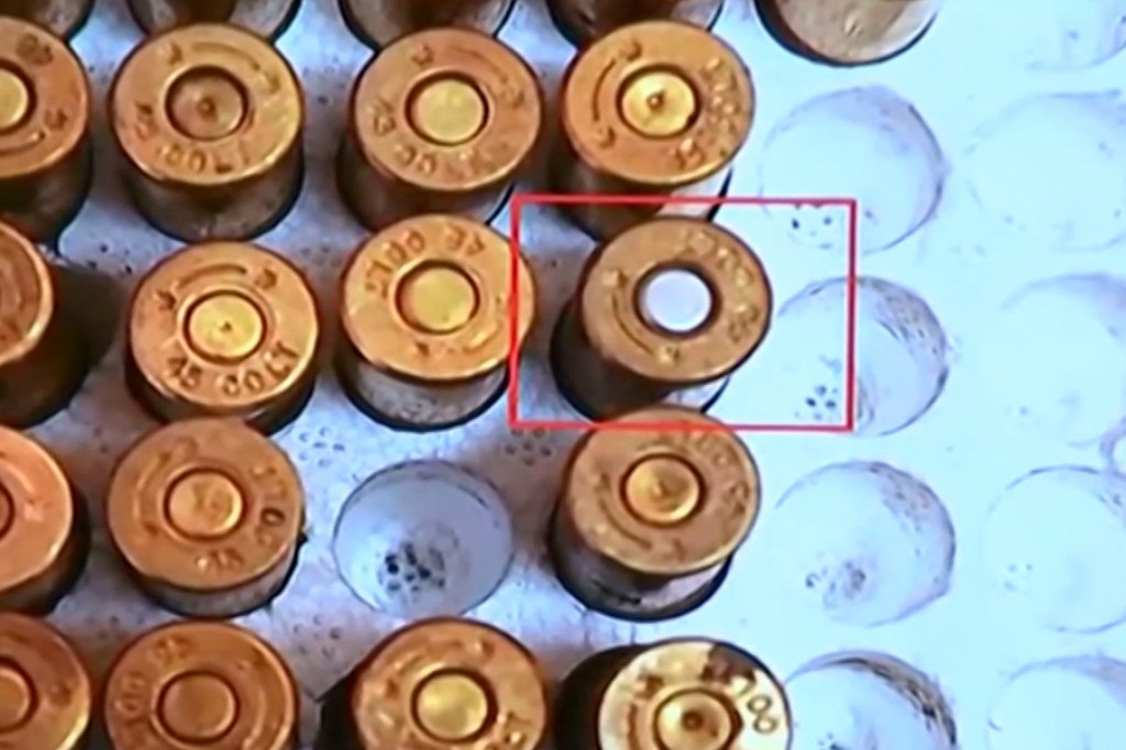 Group of bullets in a tray with live round show with different color bottom. 