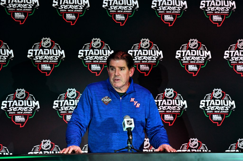 Peter Laviolette speaks to the media after the Rangers' win over the Islanders on Feb. 18, 2024. 