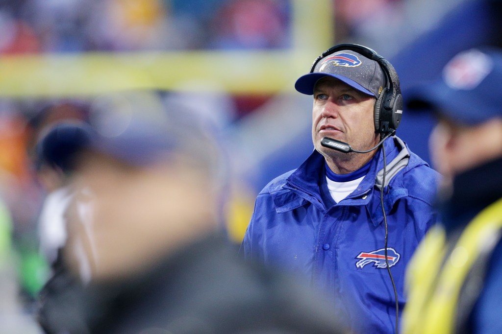 Rex Ryan of the Buffalo Bills watches the scoreboard from the sidelines