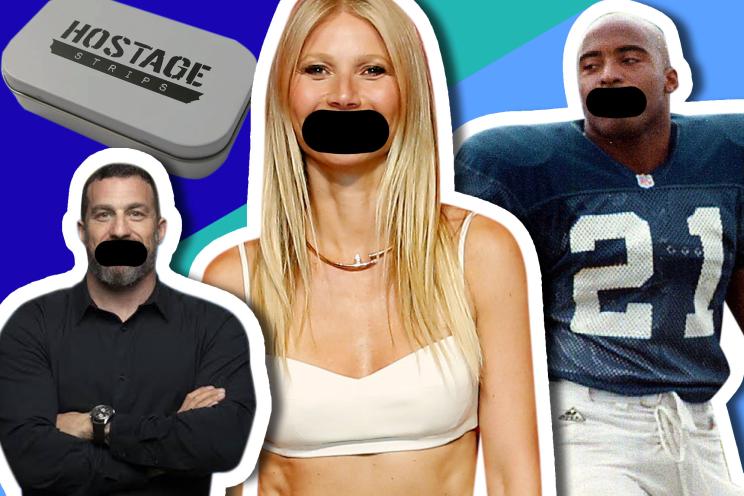 People with their mouths taped shut, featuring Gwyneth Paltrow, Andrew Huberman and Tiki Barber.