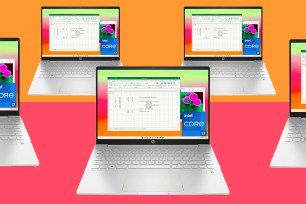 A group of laptops on a colorful background.