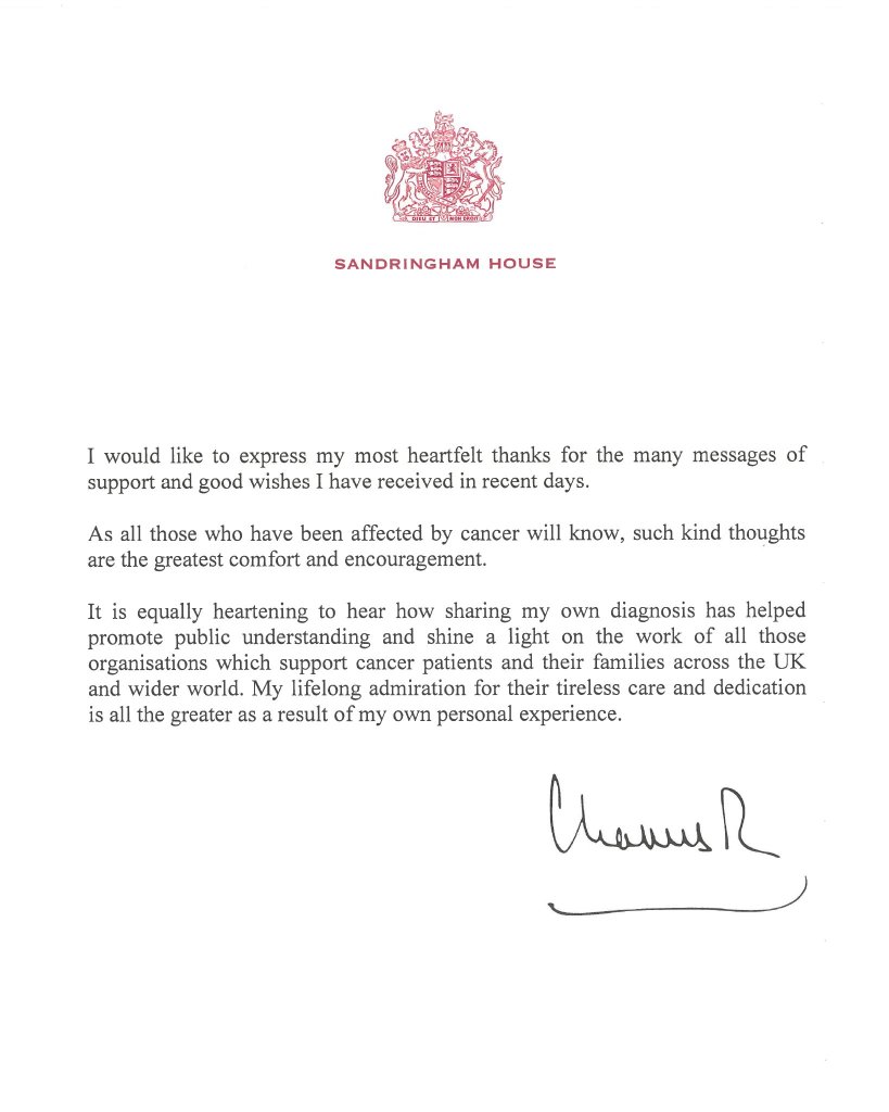"I would like to express my most heartfelt thanks for the many messages of support and good wishes I have received in recent days," Charles, 75, said in a statement released by Buckingham Palace.