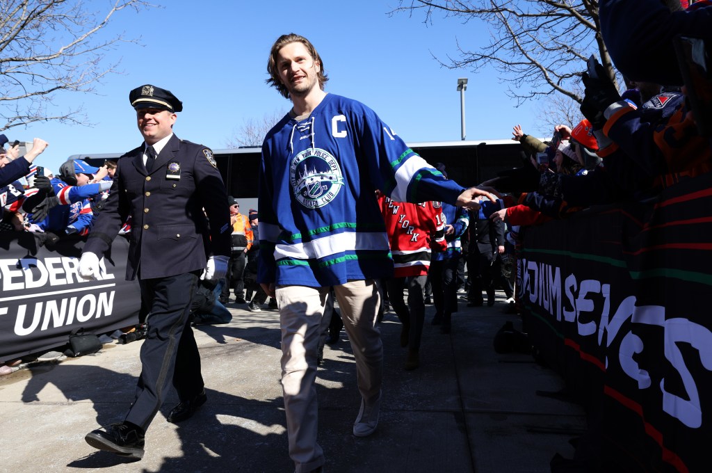 Jacob Trouba arrives for the NHL Stadium Series game on Sunday.