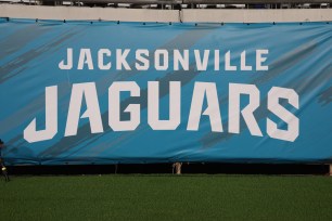 A Jacksonville Jaguars logo banner prior to NFL football game against the Tennessee Titans.