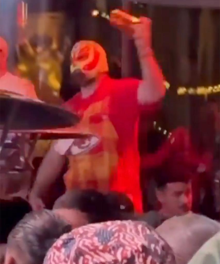Jason Kelce was seen partying with the Chiefs at a club while wearing a Lucha Libre mask and Kansas City overalls after Super Bowl 2024. 