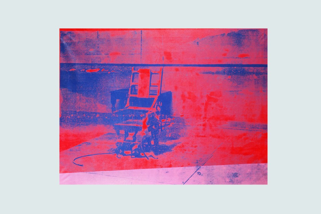 Red and blue Andy Warhol 'Electric Chair' screenprint. Andy Warhol, Electric Chair, 1966 © 2024 The Andy Warhol Foundation for the Visual Arts, Inc. / Licensed by Artists Rights Society (ARS), New York To learn more about Andy Warhol, visit The Andy Warhol Foundation at WarholFoundation.org