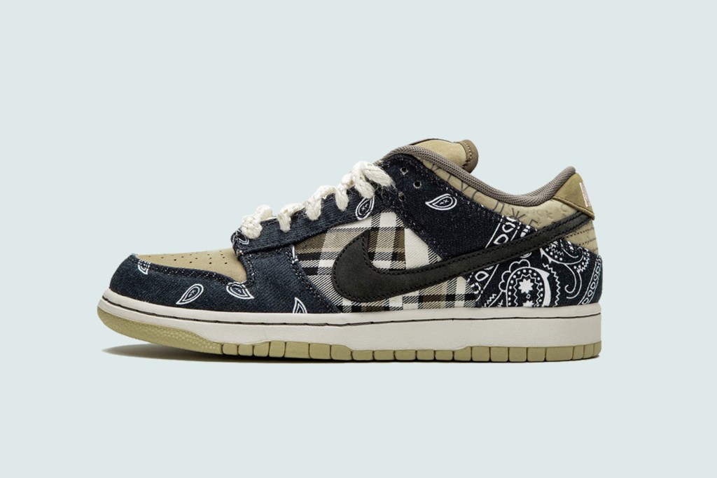 black and white sneaker with a bandana print, "Travis Scott x SB Dunk Low" Cactus Jack, Stadium Goods, $1,265