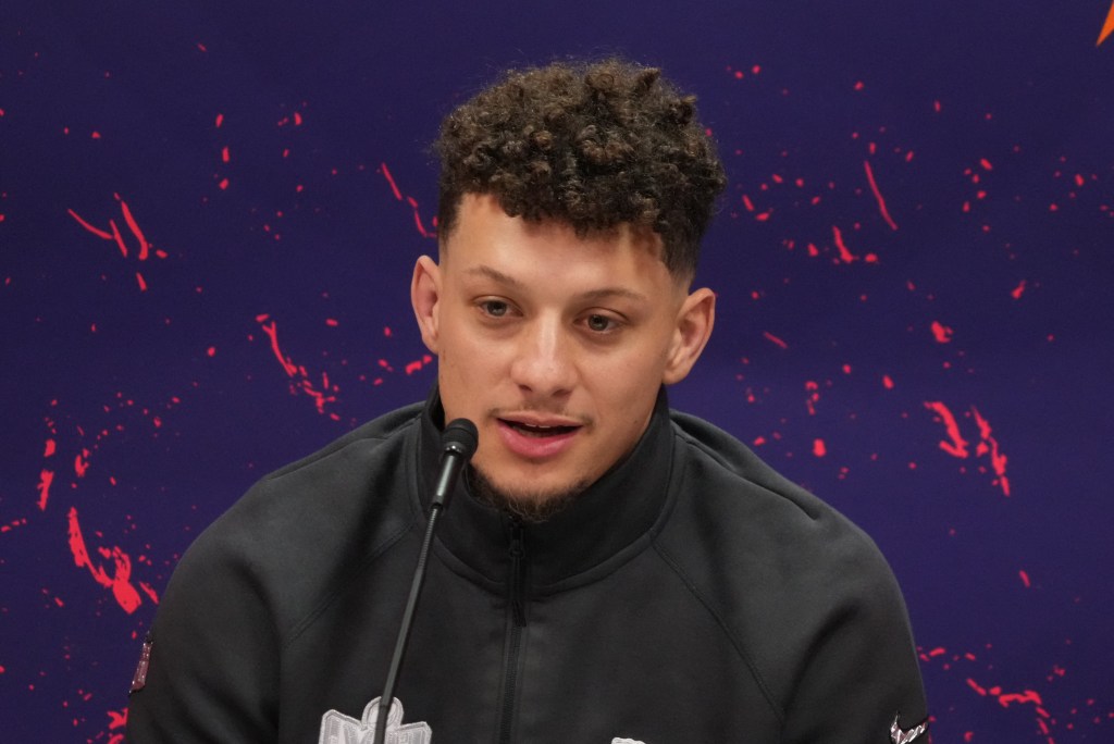 Patrick Mahomes answers questions during Super Bowl media day.